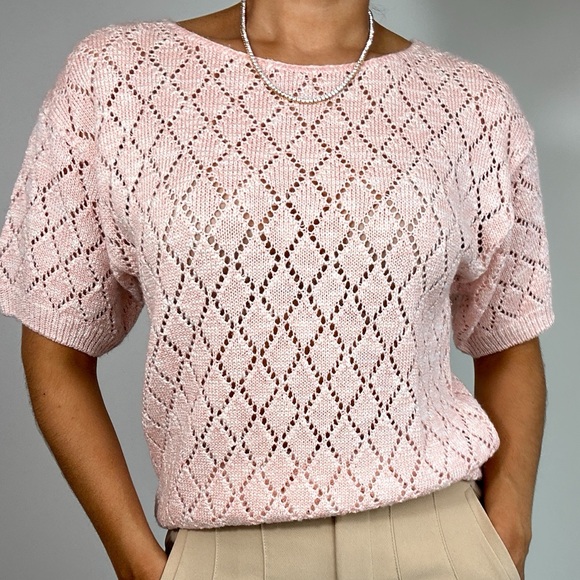 Vintage Light Pink & White Crochet Knit Top - Picture 2 of 15
